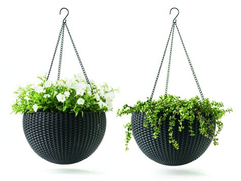Keter Resin Rattan Set Of 2 Round Hanging Planter Baskets For Indoor