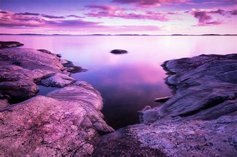 Sunset Wallpaper 4k Scenery Rocks Lake Purple Sky Pink 8k Nature
