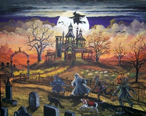 Spooky Lane By Ron Byrum Folk Art Halloween Witch Haunted House