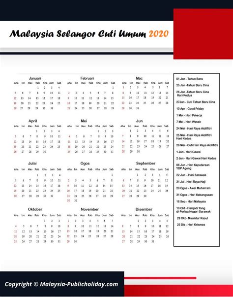 Selangor Cuti Umum Kalendar 2020