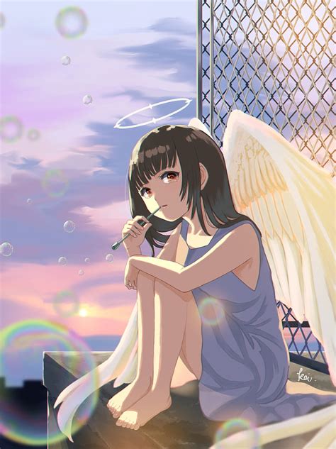 Girl Angel Halo Wings Bubbles Anime Hd Phone Wallpaper Peakpx