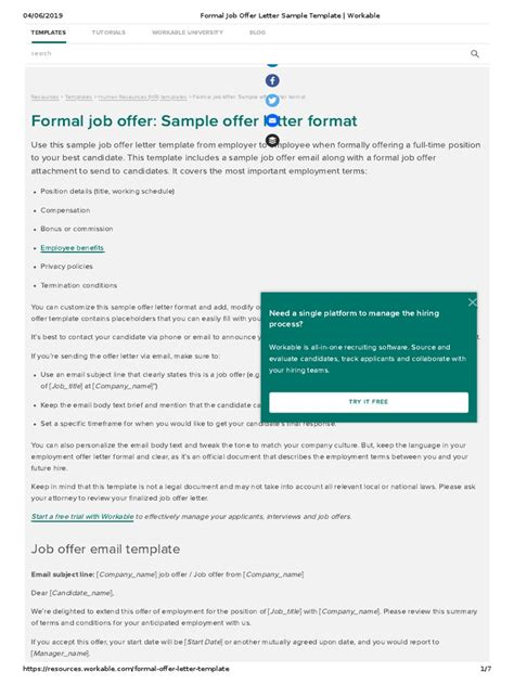 Formal Job Offer Letter Sample Template Workable