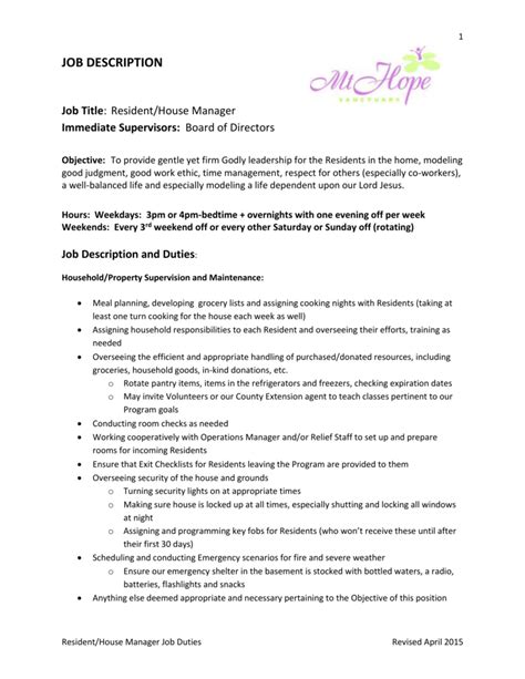 New house manager personal assistant careers are added daily on simplyhired.com. Resident/House Manager Job Description