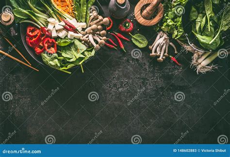 Asian Food Background Wok Pan With Vegetarian Ingredients Vegetables