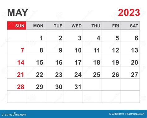 Calendar 2023 Template May 2023 Layout Printable Minimalist Monthly