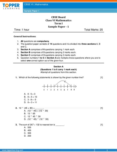 Class 6 sample paper & practice questions for asset math are given below. CBSE sample paper for class 6 maths term 1 question