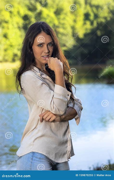 Lovely Brunette Model Posing Outdoors Stock Image Image Of Face Flirtatious 159870255