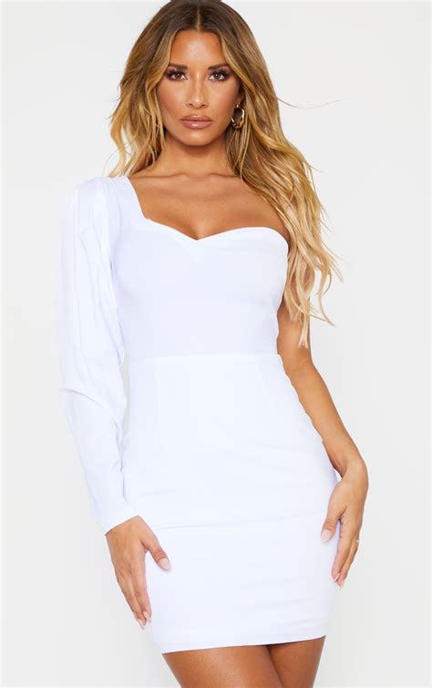 White One Shoulder Puff Sleeve Bodycon Dress Prettylittlething Il