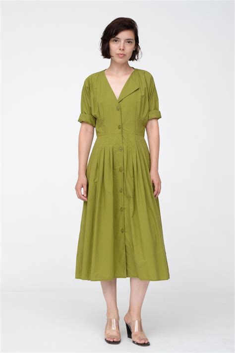 Women Dress 2019 New Retro Mustard Green Solid Color Dress In Dresses