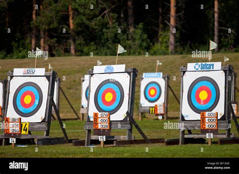 Rows Of Standard Fita Archery Targets And Scoreboards At Shooting Range