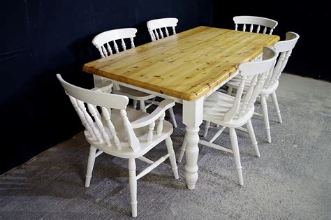 6ft Pine Farmhouse Table 6 Beech Spindle Back Chairs Painted Vintage