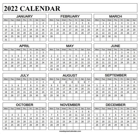2022 Calendar Free Printable Start Monday Latest Calendar Template