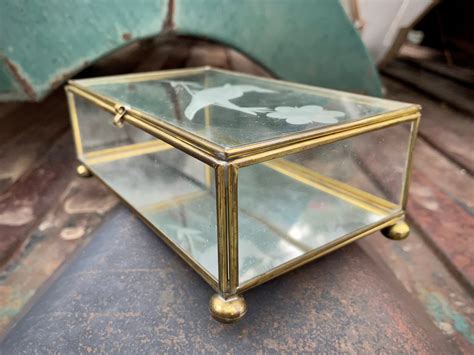 Tabletop Brass Etched Glass Box Display Case For Jewelry Or Trinkets Bohemian Decor Vanity