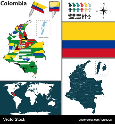 Colombia Map With Regions And Flags Royalty Free Vector