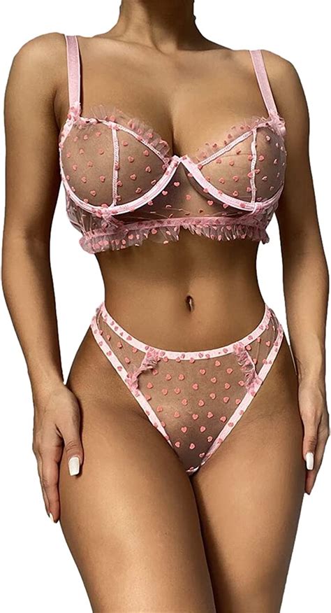 Mesh Lingerie Set Two Piece Sexy Lace See Through Heart Patterns Polka