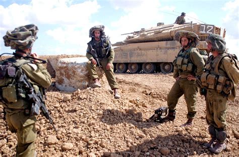Israeli Soldiers Wearing Mitznefet Helmet Cover Merkava Mk 4 Tank