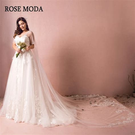 Rose Moda V Neck Plus Size Wedding Dresses 2019 With Short Sleeves Lace