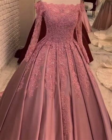 Vintage Long Sleeves Lace Dusty Rose Pink Quinceanera Ball Gown Weddin