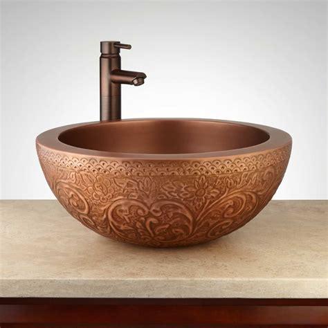 18 Matilda Round Embossed Antique Copper Double Wall Vessel Sink In
