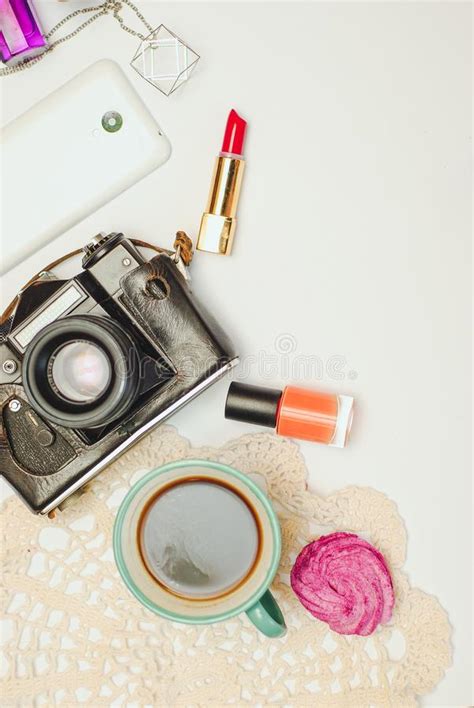 White Office Desk Table With Smartphone Vintage Camera Coffee And