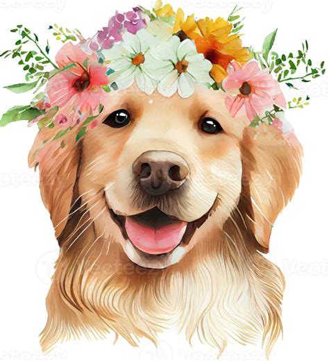 Cute Golden Retriever Dog Flowers Watercolor Illustration 21183336 Png