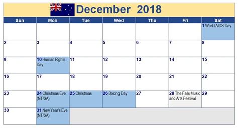 December 2018 Australia Holiday Calendar Holiday Calendar 2018