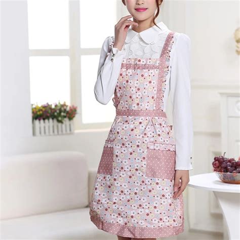 Convenient Womens Waterproof Housewife Kitchen Waist Aprons With Pockets Floral Pattern Striped