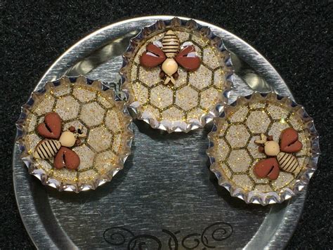 Bumblebee Bottle Cap Magnets 3 Pack Honeycomb Gold