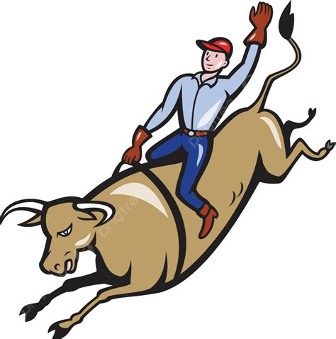 Rodeo Cowboy Bull Riding Retro Cartoon Man Bull Vector Cartoon Man