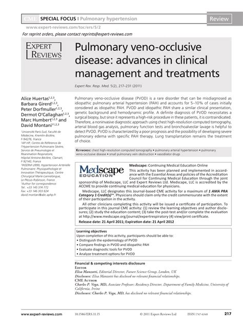 Pdf Pulmonary Veno Occlusive Disease Advances In Clinical Management