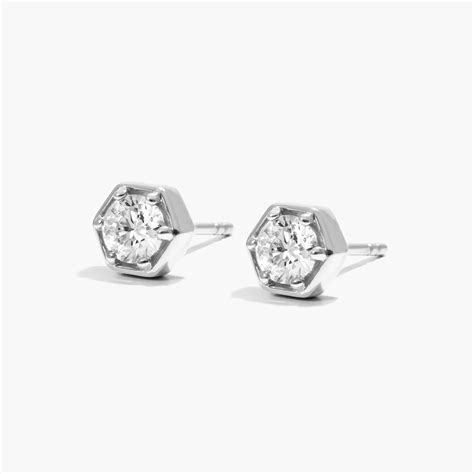 14k White Gold Hexagon Frame Solitaire Diamond Stud Earrings 81674w14