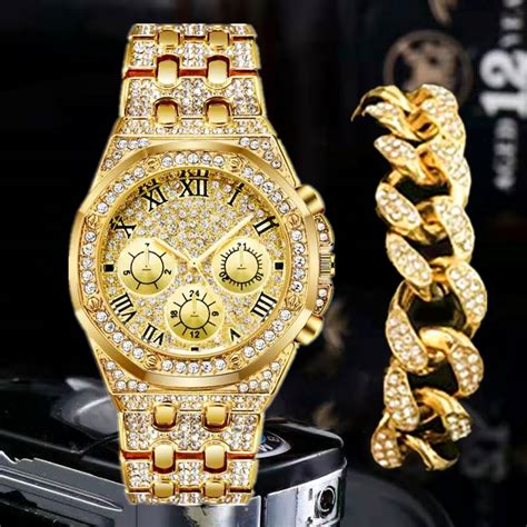 Hip Hop Rapper Iced Out Watch For Men Paved Rhinestones Mm Miami Curb