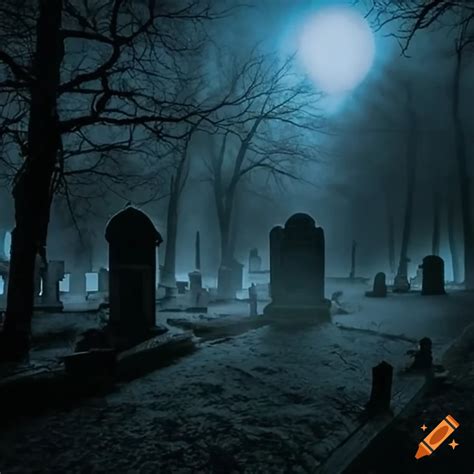 Nighttime Image Of A Foggy Cemetery With A Full Moon On Craiyon