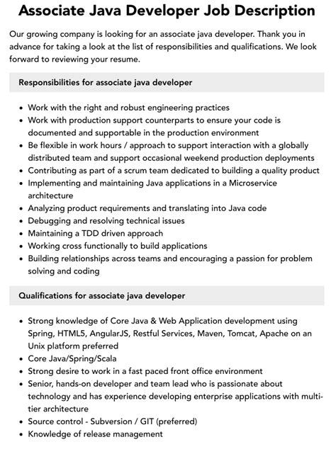 Associate Java Developer Job Description Velvet Jobs