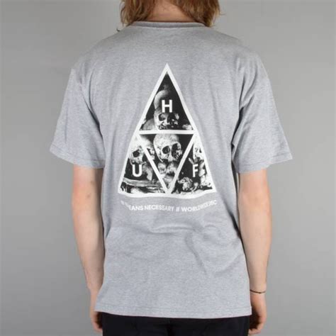 Huf Triple Triangle Skulls T Shirt Heather Grey Skate Clothing From