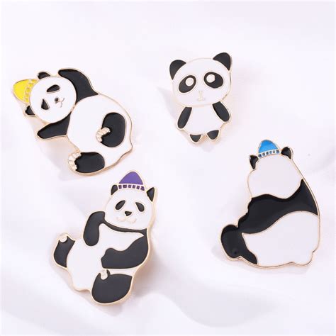 Fashion Hat Pandas Enamel Pins Funny Animal Brooches Bag Clothes Lapel