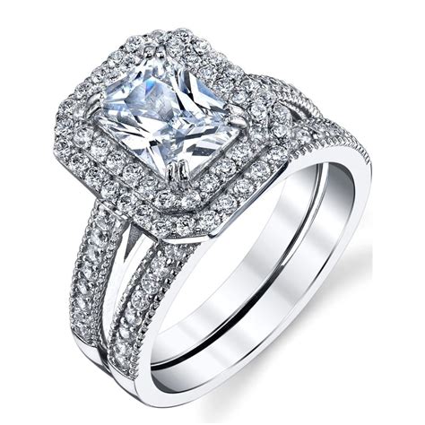 2ct Emerald Cut Diamond Wedding Ring Bridal Set With 14k White Gold Plated Diamonds And Gemstones