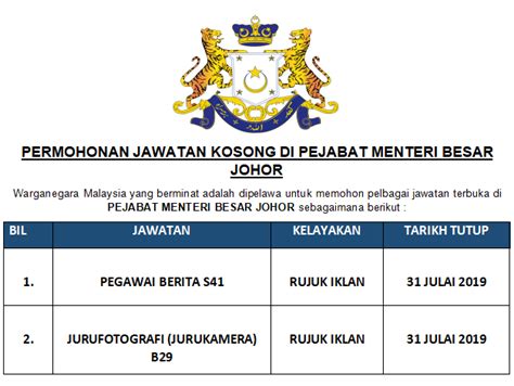 Permohonan adalah dipelawa daripada warganegara malaysia yang berkela… Permohonan Jawatan Kosong Pejabat Menteri Besar Johor 2019 ...