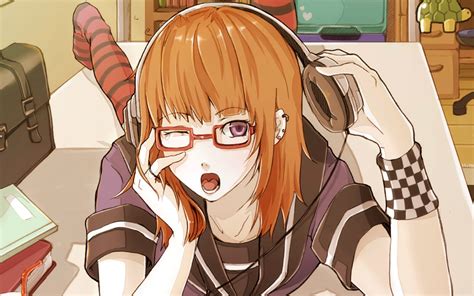 Anime Girls Headphones Glasses Original Characters Orange Hair