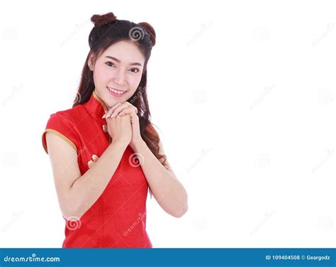 Woman Wear Red Cheongsam In Concept Of Happy Chinese New Year Is Stock