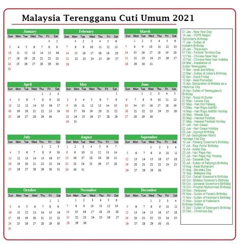 Terengganu Cuti Umum Kalendar 2021 ️