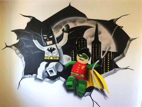 Batman And Robin Lego Characters Painted On Kids Bedroomplayroom Wall