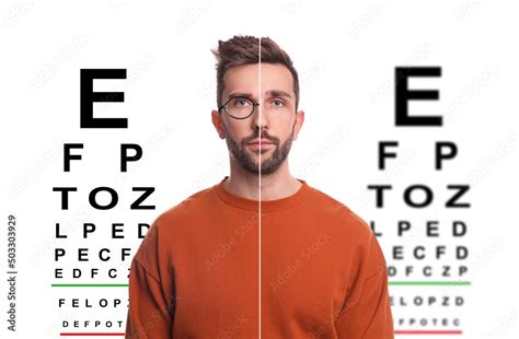 Collage With Photos Of Man With And Without Glasses And Eye Charts On