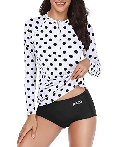 Daci Women Black Dot 2 Piece Rash Guard Long Sleeve Zipper Bathing Suit