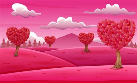 Premium Vector Valentine Trees Landscape With Heart Shaped Leaves