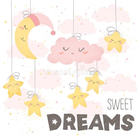 Vector Illustration With Cute Hand Drawn Cartoon Clouds Moon Stars