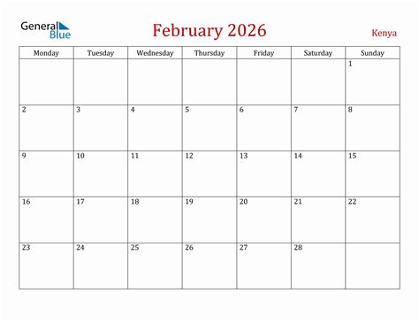 February 2026 Kenya Monthly Calendar With Holidays