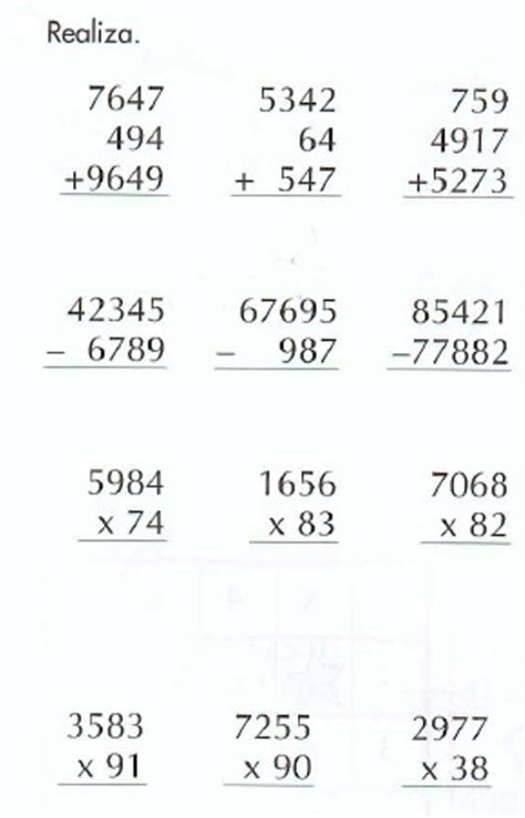 Ejercicios De Sumas Restas Multiplicaciones Y Divisiones Para Imprimir