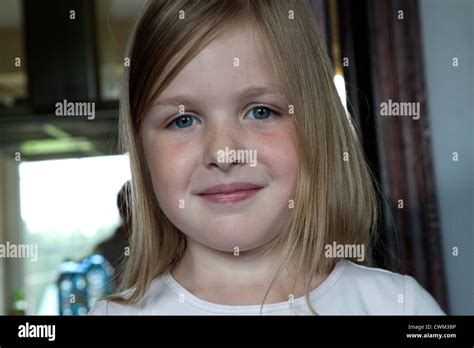 Portrait Of A Happy French Girl Age 8 Zawady Central Poland Stock