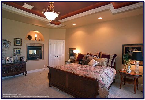 Custom Master Bedroom With High Ceilings And Fireplace